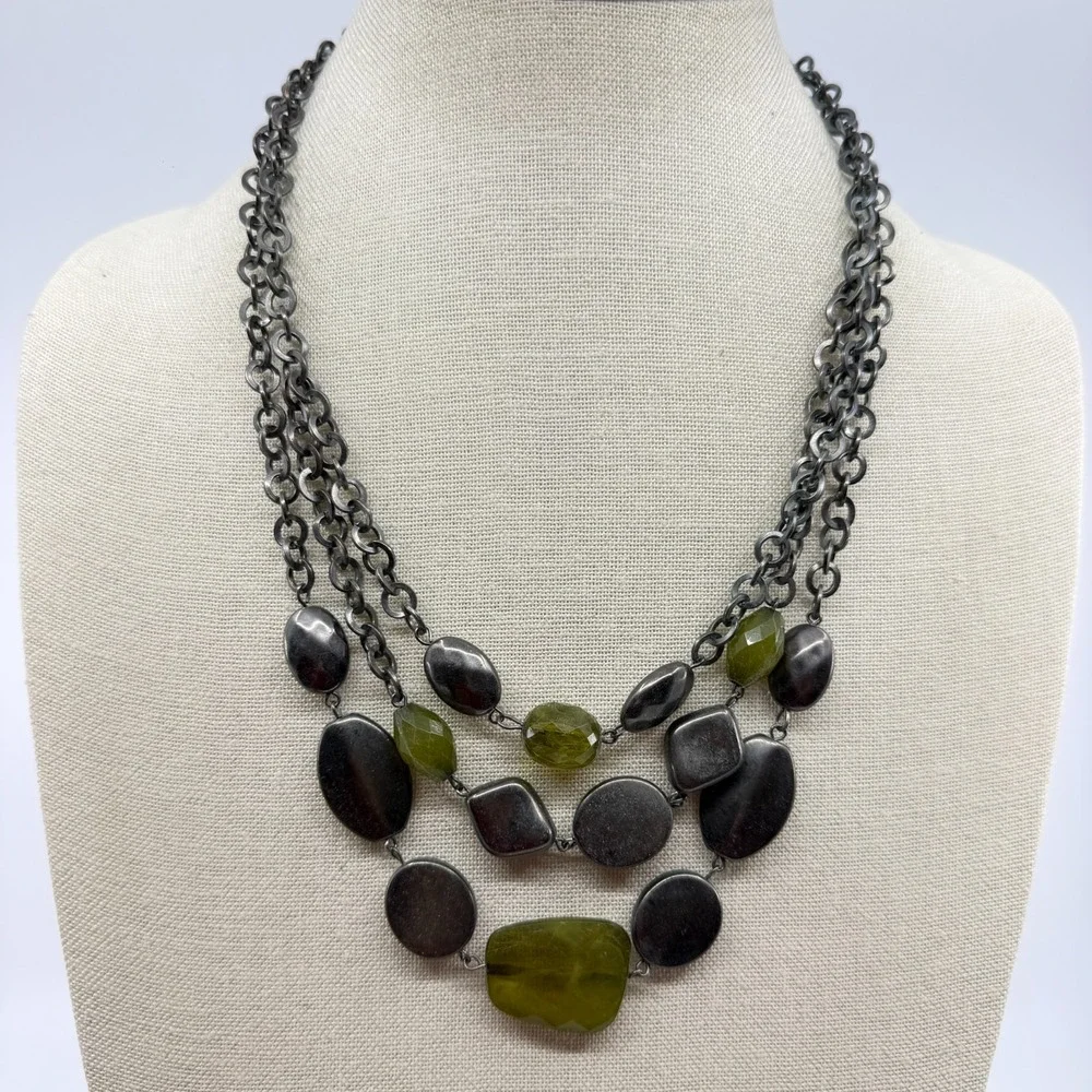 Green Faceted Bead Silver Tone Multi Strand Chunky Statement Bib Necklace Boho